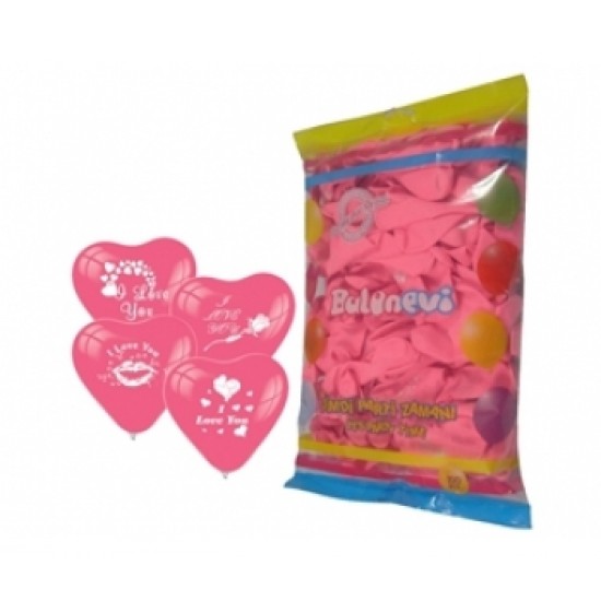 100lü I Love You Çift Yüz Baskılı Pembe Kalp Balon