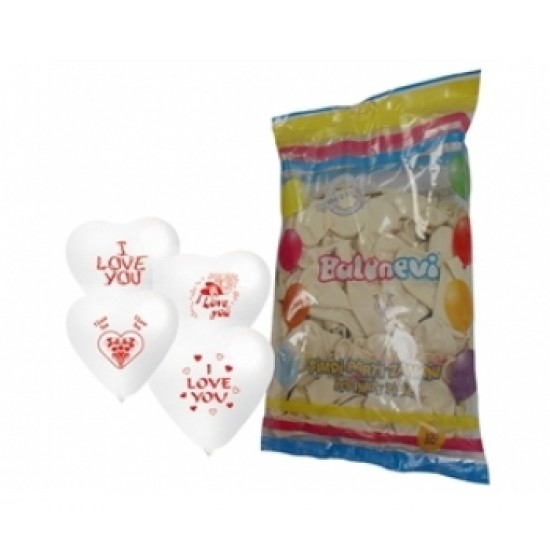 100lü I Love You Çift Yüz Baskılı Karışık Kalp Balon