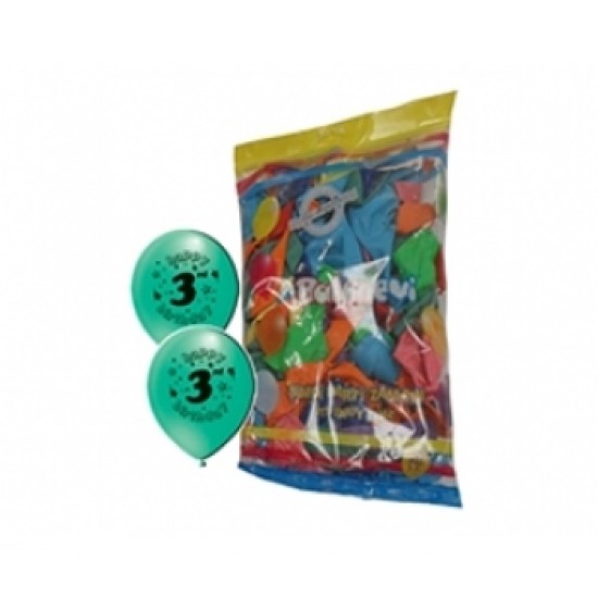 12 İnç 3 Yaş Baskılı 1+1 Happy Birthday Karışık Pastel Renk Balon
