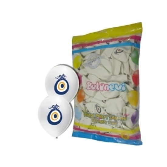 12 inç Beyaz Nazar Boncuğu Baskılı Balon