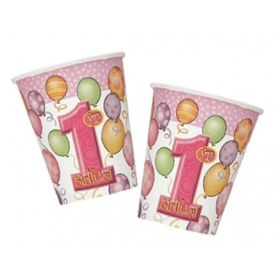 8 Adet 180/200cc First Birthday Balloons Pink Bardak