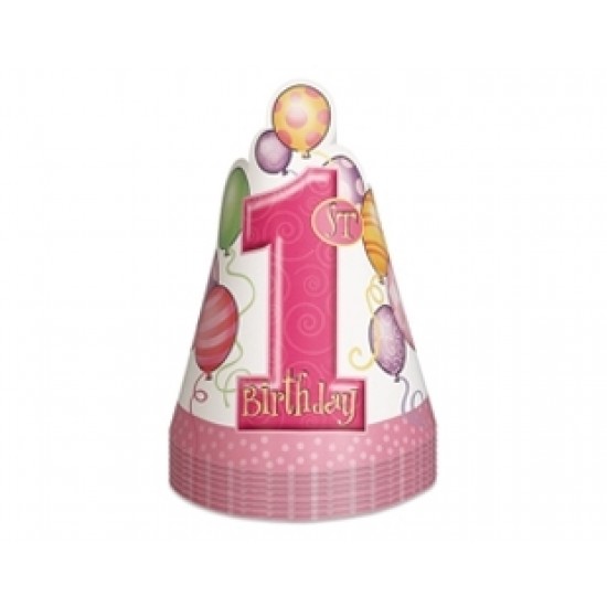 8 Adet First Birthday Balloons Pink Külah Şapka